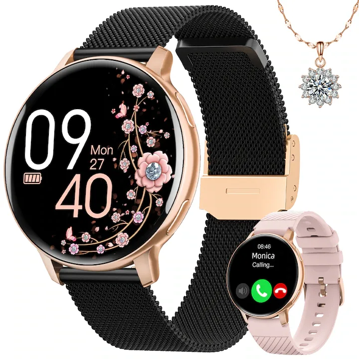 Ceas Smartwatch Dama Bratara Fitness si Colier Rafinat 3-in-1 FOSMET®, doua bratari incluse, ecran HD de 1,39 inch, monitor de ritm cardiac/tensiometru/SpO2/somn, Bluetooth 5.3 pentru apeluri, 120+ de moduri de sport, autonomie de 10 zile, negru-auriu