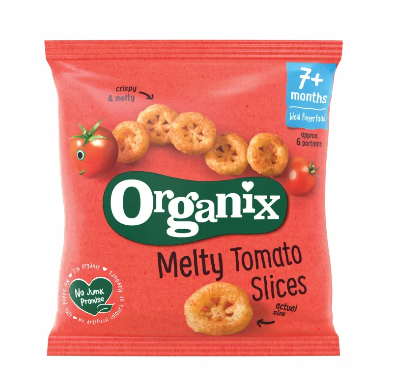 Snack bio din porumb Organix cu rosii si morcovi, de la 7 luni, 20 g