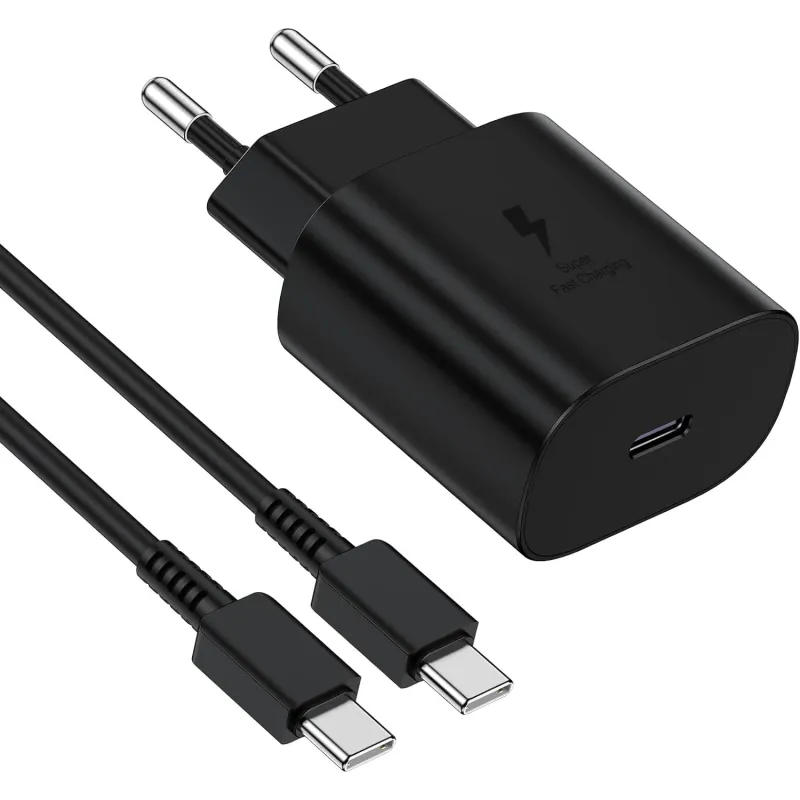 Incarcator Fast Charge, 25 W, compatibil cu Samsung S10, S20, S20 Ultra, S21 FE, S21, S22, S22 Plus, S23, S23 Plus, Note 10, Note 20, si Cablu de date fast charge 1m Tip C, Negru