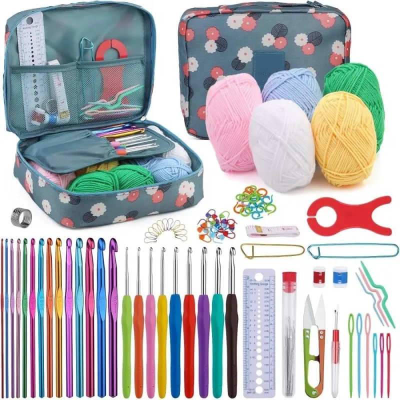Set de crosetat, 107 piese, kit de tricotat cu fire de crosetat, crosete, instrumente de crosetat, Crosetat si bricolaj pentru incepatori si avansati, Cu geanta depozitare, Usor de transportat, Pentru calatorii, adulti, copii, incepatori