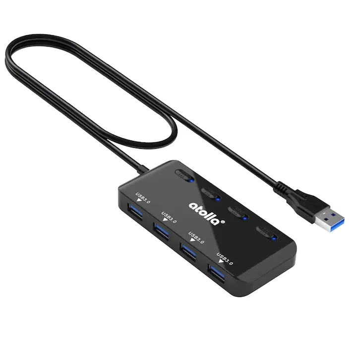 Hub Splitter, Atolla, 4 Porturi USB 3.0, LED, 60cm, Buton ON/OFF, 105x45x15 mm, Negru