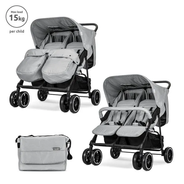 Carucior pentru gemeni, Lorelli, Twin, reglabil individual, pana la 25 kg per copil, husa pentru picioare, geanta pentru mama inclusa, Grey