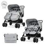 Carucior pentru gemeni, Lorelli, Twin, reglabil individual, pana la 25 kg per copil, husa pentru picioare, geanta pentru mama inclusa, Grey