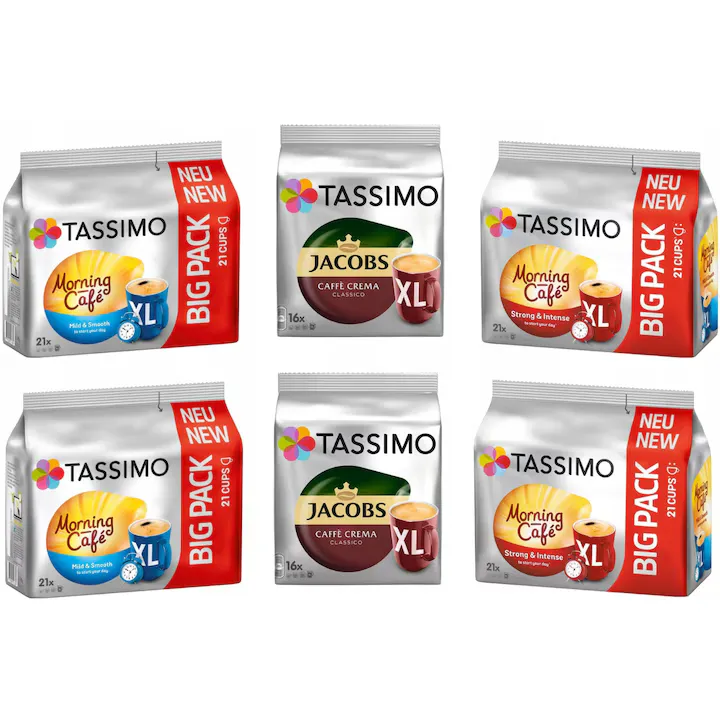 Set capsule cafea Jacobs TASSIMO Morning Crema XXL, 116 capsule, amestec Arabica și Robusta, 1000g