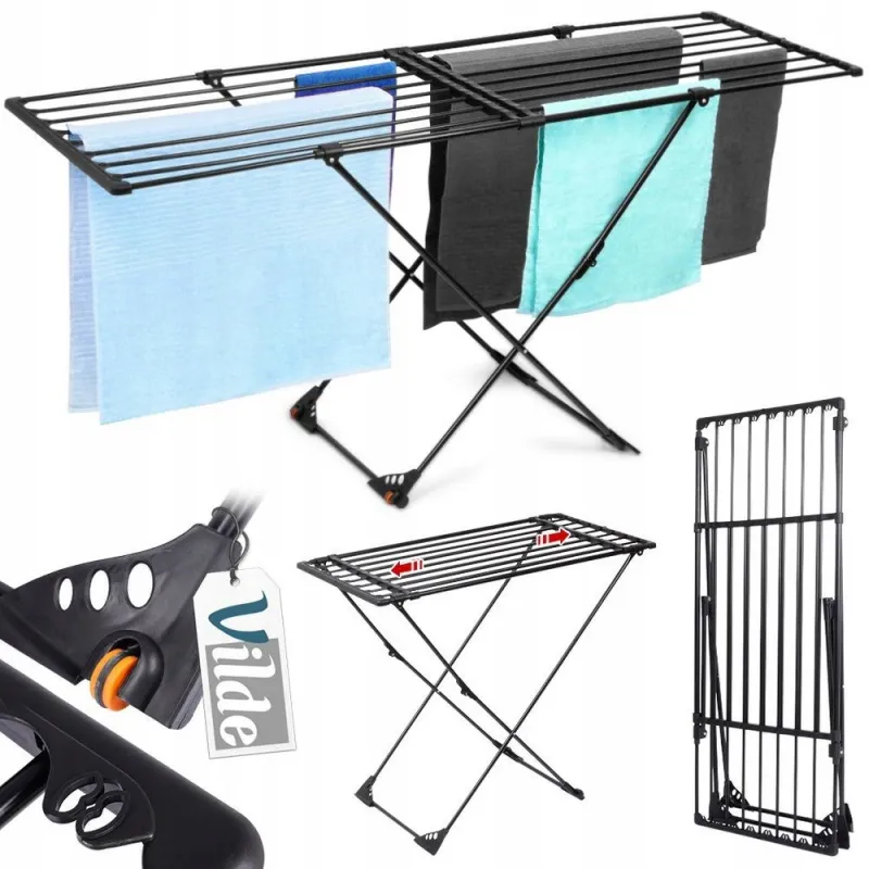 Uscator De Rufe, Vilde, XXL, 189x56x90 cm, 131x56x9 cm, Extensibil, Lungime Reglabila De La 110 cm La 189 cm, Fabricat Din Metal, Dispune De 16 Locuri Suplimentare Pentru Uscat Rufe, Echipat Cu Roti Pentru O Mutare Usoara, Negru