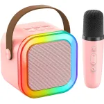Kit Karaoke pentru copii Smarty® PartyBeat boxa portabila cu microfon wireless, Bluetooth, stereo, lumini RGB, 5 efecte vocale, slot microSD, USB-C, Roz