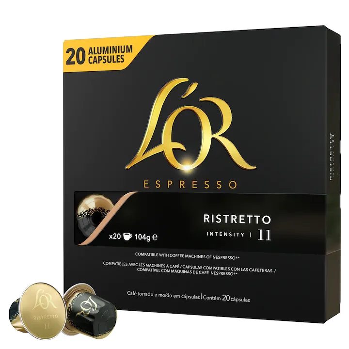 Cafea capsule, L’OR Espresso Ristretto, intensitate 11, 20 bauturi x 25 ml, compatibile Nespresso, 20 buc, 104 g