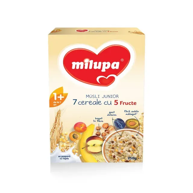 Cereale Milupa Musli Junior 7 cereale cu 5 fructe, de la 1 an, 250 g
