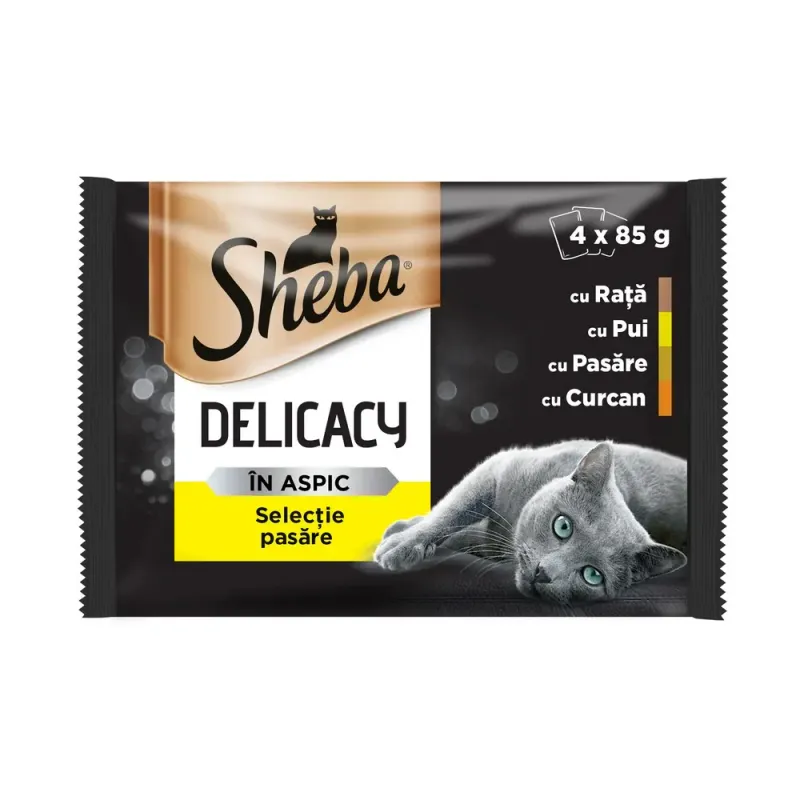 Hrana umeda pentru pisici adulte Sheba Fine Flakes, selectii de pasare in aspic, 4 x 85 g