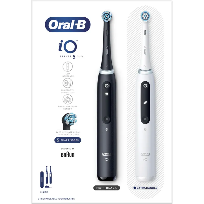 Set 2 periute de dinti electrice ORAL-B iO5, Bluetooth, 40000 pulsatii/min, Curatare 3D, 5 programe, 2 capate, alb-negru