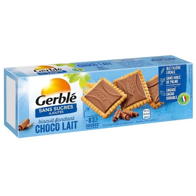 Biscuiti cu tablete de ciocolata cu lapte Gerble, fara zahar adaugat, 126 g