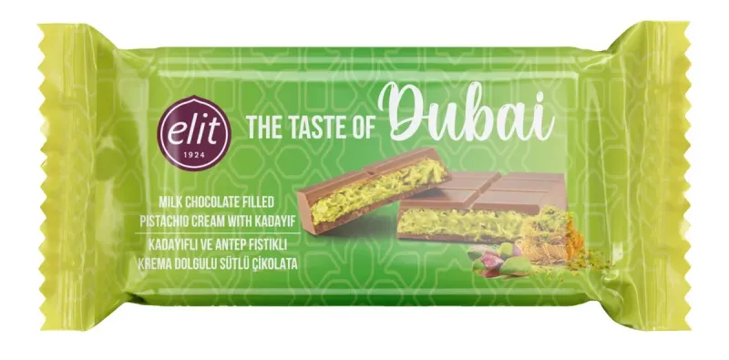 Ciocolata cu lapte si umplutura cu crema de fistic si cataif Elit Dubai, 90 g