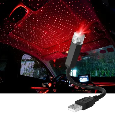 Lumini ambientale auto, AFKSMILE, Mini lampa de proiector cu cer instelat montata in masina, USB, Consum redus, Usor de instalat si transportat, 360° Rotatie, Pentru modificari auto, Pentru prag, usa, bord, Aluminiu, 21*1.5cm, Rosu