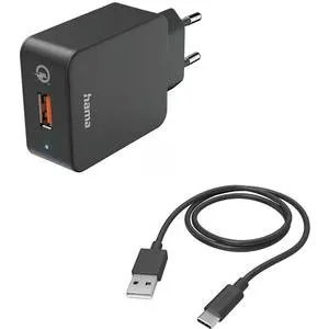 Incarcator retea HAMA 201625, 1xUSB-A, Quick Charge 3.0, 19,5W, Cablu USB-A - USB-C, negru