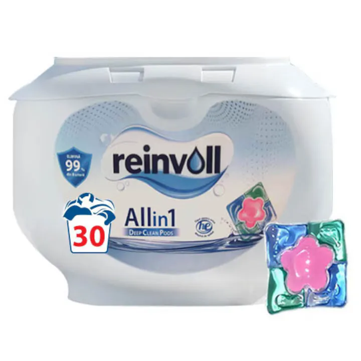 Detergent de rufe capsule Reinvoll ® All in One Pods pentru curatarea si protectia hainelor, capsule detergent lichid concentrate si parfumate, anti pete, delicat cu pielea sensibila, indepartare eficienta a petelor, parfum de lunga durata, 30 Spalari