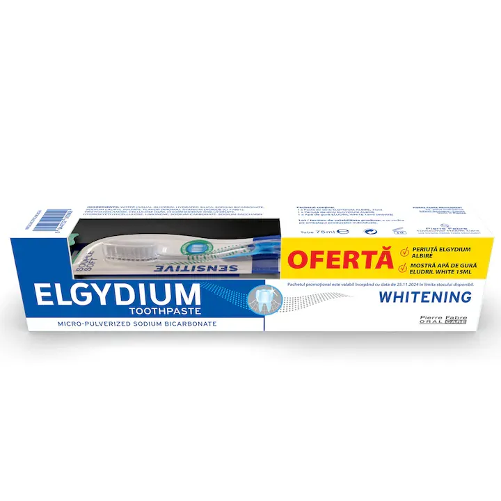 Pachet Elgydium: Pasta de dinti pentru albire 75 ml + periuta de dinti Elgydium