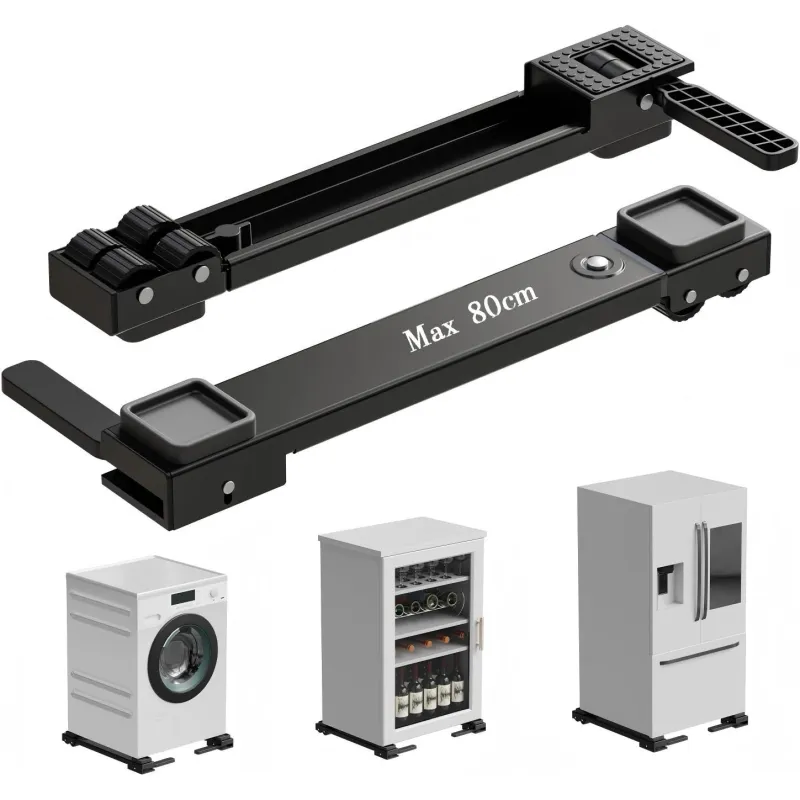 Set 2 Suport mobil baza reglabili extensibil cu role si sistem anti-alunecare MOSMAOO®, material metalic, negru, dimensiuni 80x6x4.7cm, pentru mobil masina de spalat, frigider