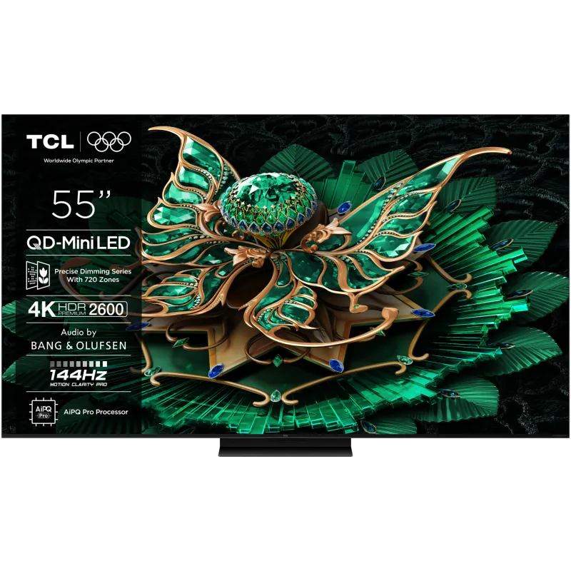 TCL QD-MiniLed 55C7K, 139 cm, Smart Google TV, 4K Ultra HD, 100Hz, Sunet Bang & Olufsen, Clasa F (Model 2025)