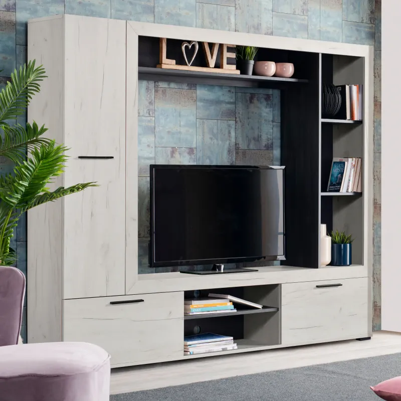 Biblioteca living Lorca, stejar alb + lemn negru, 195.5 cm, 2C