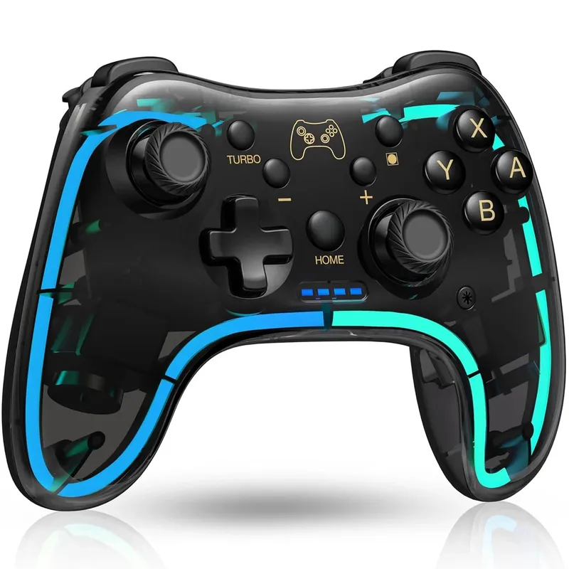 Gamepad Wireless Timebox pentru Switch/Switch OLED/Lite, PC si Telefon, Ergonomic, Design cu Lumini RGB, Vibratii, Senzor de Miscare, Conectare Bluetooth si Type-C, Compatibil iOS si Android, Transparent