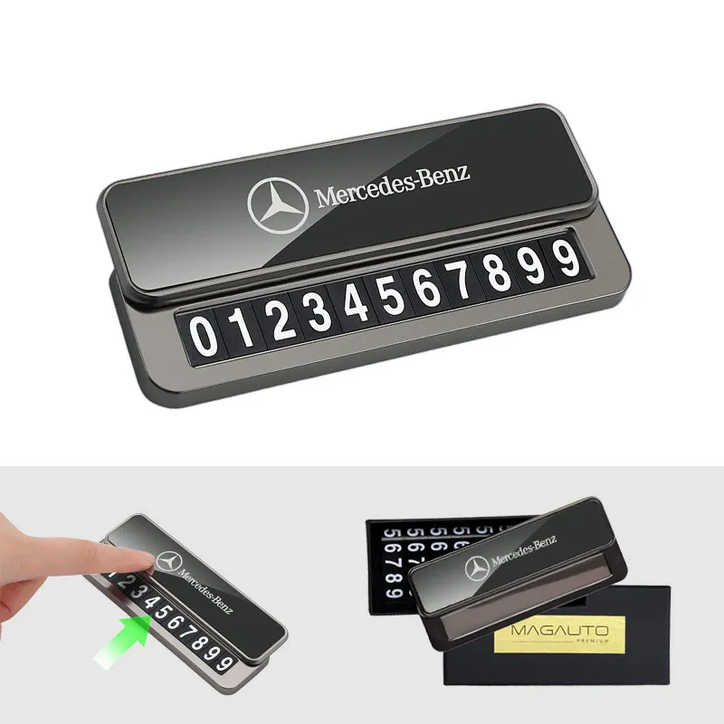Suport numar auto temporara Mercedes Premium - aliaj, Logo Mercedes, Bronz, Capac magnetic, Doua seturi de numere A/B, Include 8 seturi de autocolante magnetice pentru numere, Suport adeziv 3M