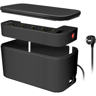 Prelungitor Logilink LPS282U, cutie cablu, 5 prize, 2xUSB-A, 1xUSB-C, DC 5 V/3.4 A (17 W max.), intrerupator iluminat, protectie la suprasarcina, IP20, H05VV-F 3G 1.5 mm², 1.5 m, Negru
