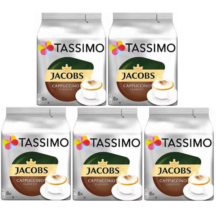 Capsule cafea TASSIMO Jacobs Cappuccino Classico, set 5 x 8, amestec Arabica si Robusta, 1300g