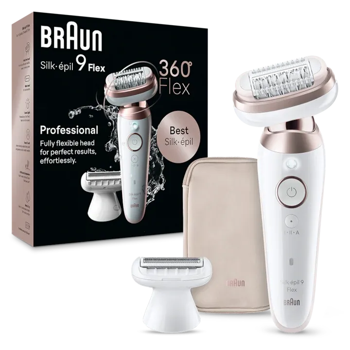 Epilator Braun Silk-épil 9 9-030 Flex 360° Wet & Dry, Smart Touch, 40 de pensete, 2 viteze, Cap de ras + Pieptene, Geanta de voiaj, Alb/Bronz