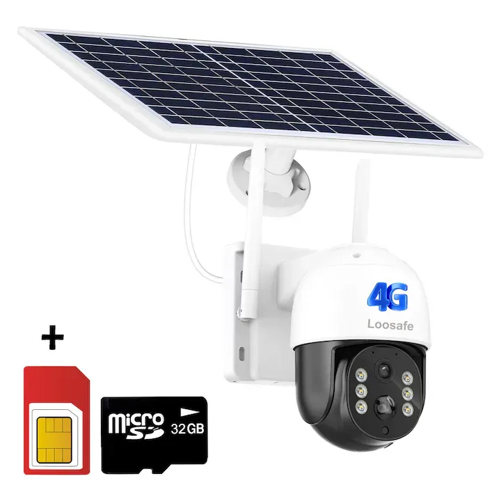 Camera de Supraveghere Solara 4G Loosafe® 4GProtect TQ5 Max, 8MP, Exterior, Acumulator 10400 mAh, Panou Solar 7.6W, Ultra HD, 5X zoom, Rotire, Leduri Lumina si Infrarosu, Comunicare Bidirectionala, Senzor Miscare, Negru