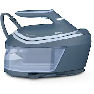 Statie de calcat cu abur Philips PerfectCare seria 6000 PSG6042/20, 2400 W, 8 bari, jet de abur continuu 130 g/min, jet abur 550 g, talpa SteamGlide Advanced, rezervor de apa detasabil de 1.8 l, OptimalTemp, Smart CalcClean, ASO, Albastru