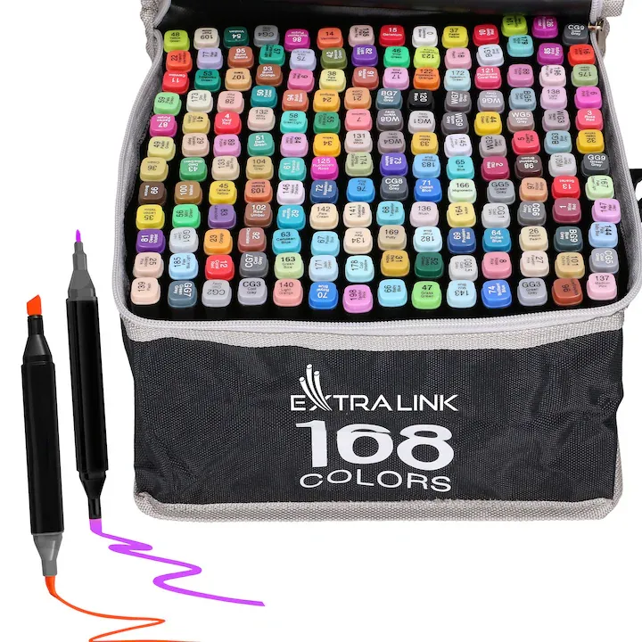 Set 168 markere duble, Extralink, Pentru copii si adulti, Cu cerneala pe baza de alcool, Grosimea liniei 0,5–6 mm, 168 bucati, Multicolore