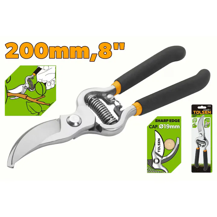 Foarfeca de gradina cu derivatie GARDENEST by TOLSEN 200 mm (8"), Polizat fin, Maner ergonomic inclinat, Taiere precisa si confortabila, bypass, lama Otel SK5 Portocaliu Metal, Vita de vie, lungime 20 cm, greutate redusa, uz profesional