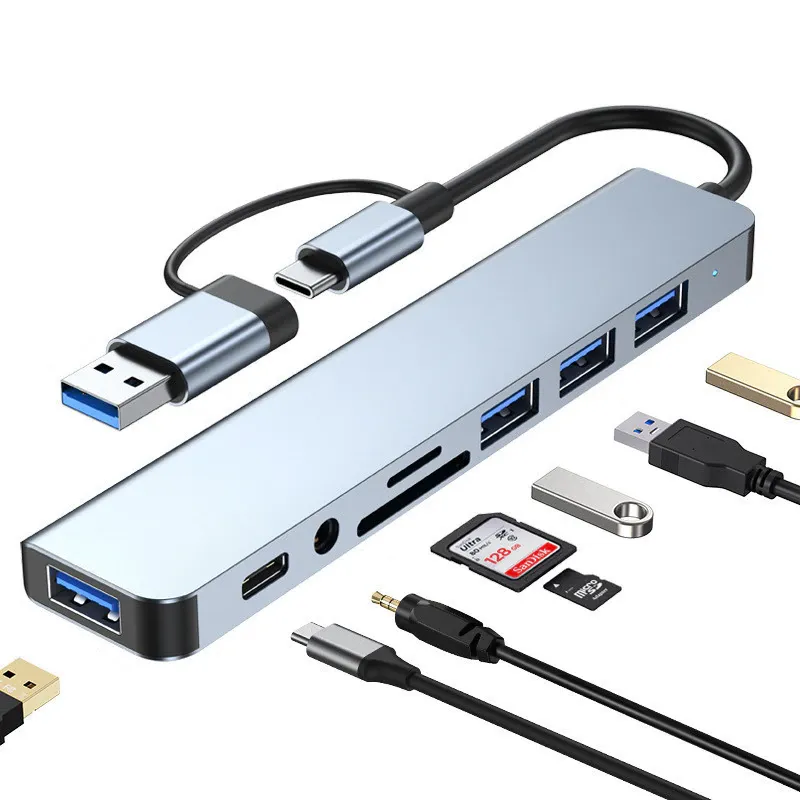 Hub USB-C 8-in-1, OTTOOPPXIN®, 1x USB 3.0, 3x USB 2.0, cititor SD/TF, audio 3.5mm, gri, 18cm
