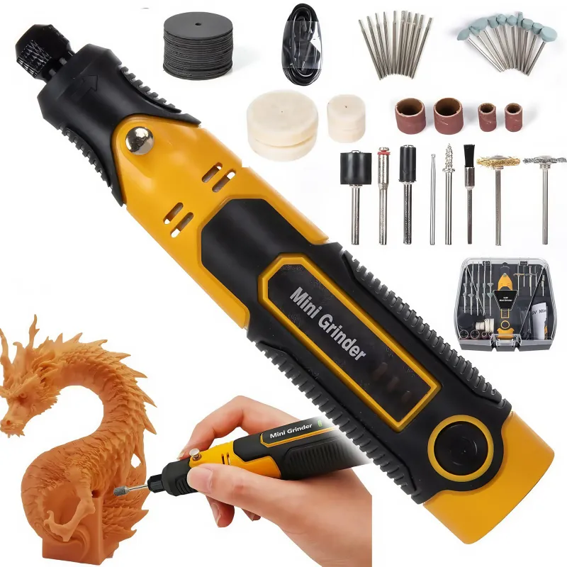 Set unealta rotativa fara fir, BestPlaza®, Multifunctionala, 40 Accesorii, 900mah, 3.6v, 3 trepte viteza, 12000/14000/17000r/min, Incarcare USB, Mini, Portabil, Pentru gravare si sculptura, Polizare, Greutate 0.1kg, Galben