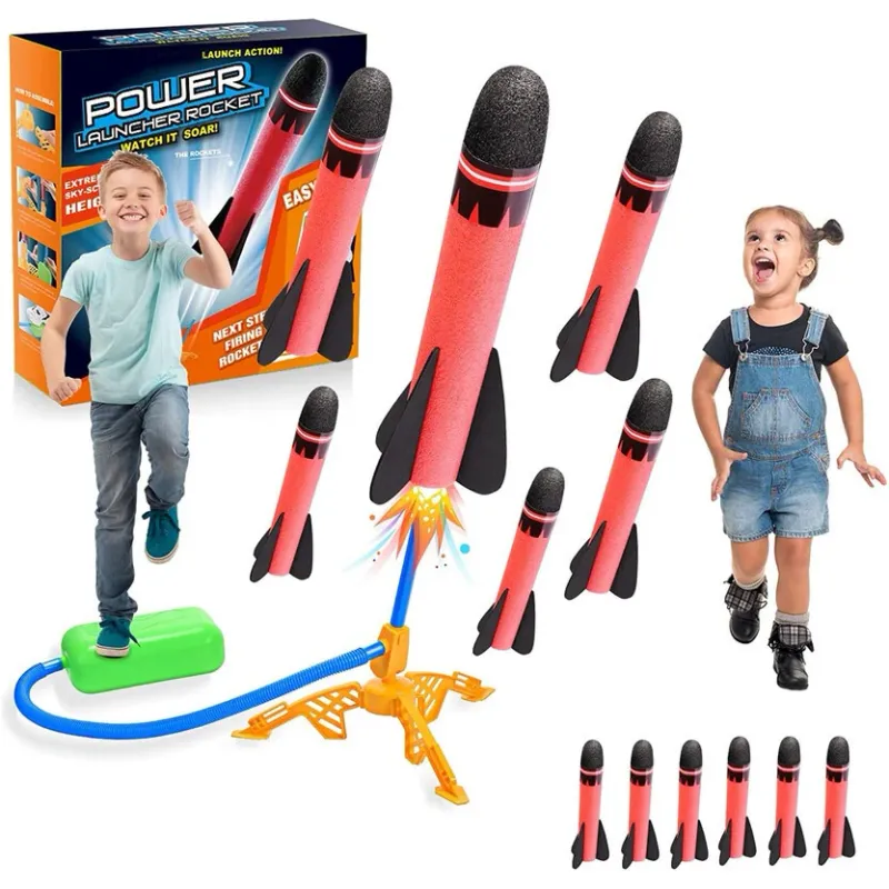 Set lansator rachete din spuma ATOPDREAM, 6 piese, suport pliabil, rosu, pentru joaca in aer liber