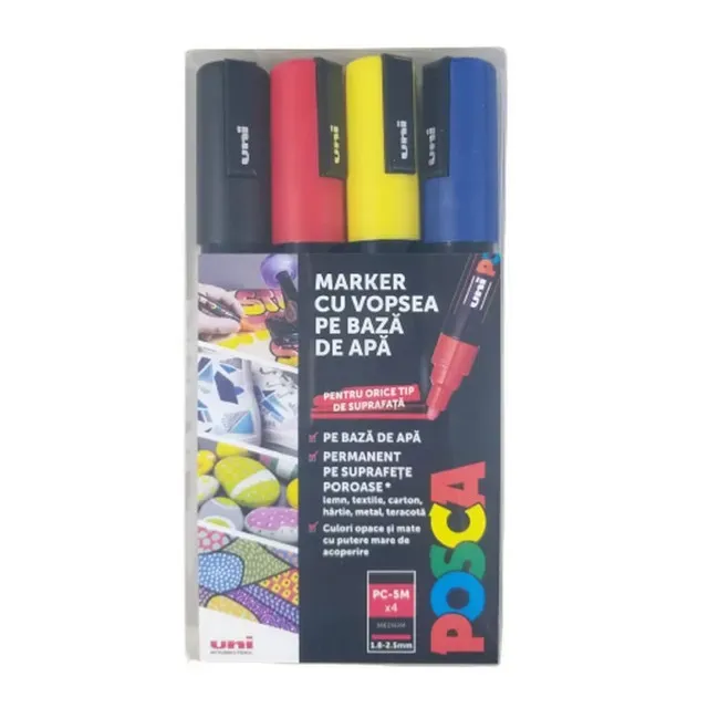 Set markere UNI Posca PC-5M, varf 1.8 - 2.5 mm, 4 culori