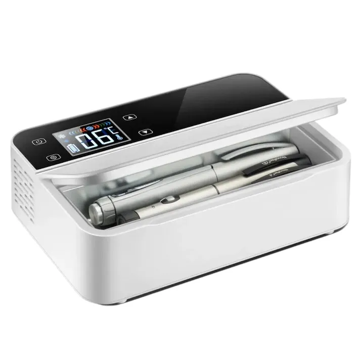 Frigider medical portabil, Pentru Insulina, Medicamente, Capacitate de racire 0-18°C, Portabil, capacitate 600 ml, temperatura 0-18C, dimensiuni 210x140x55mm, Ideal pentru Masina, Calatorii, Avion, WALALLA, alb