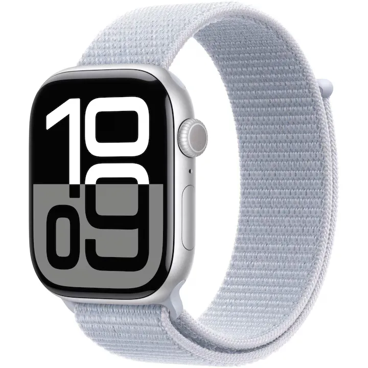 Apple Watch 10, GPS, Cellular, Carcasa Silver Aluminium Case 46mm, Blue Cloud Sport Loop