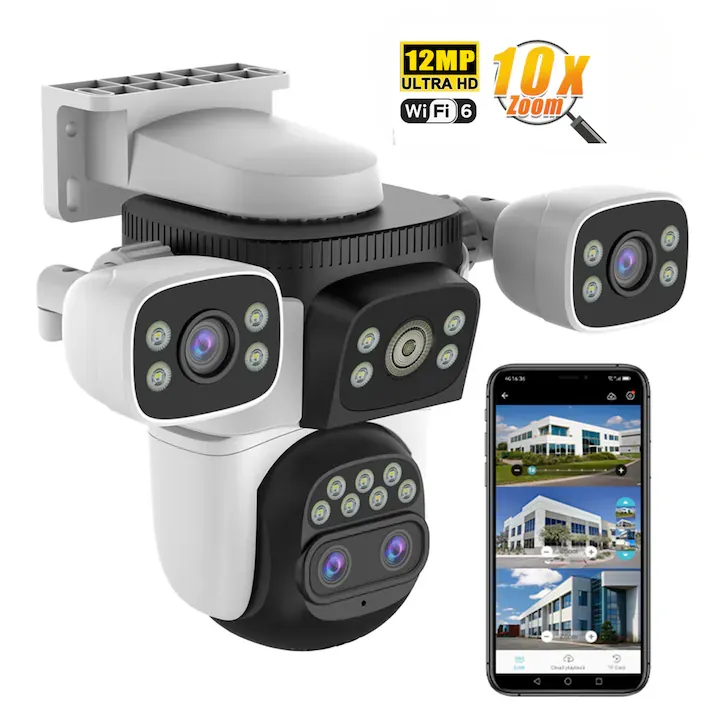 Camera de supraveghere EDYLUX 4 Lentile Ultra HD 12MP, EDYLUX®, Wireless, control din aplicatie, Zoom Optic 10X, PTZ, Vedere Noapte Color, Senzor Miscare, Audio Bidirectional, Alarma, Exterior/Interior, alb