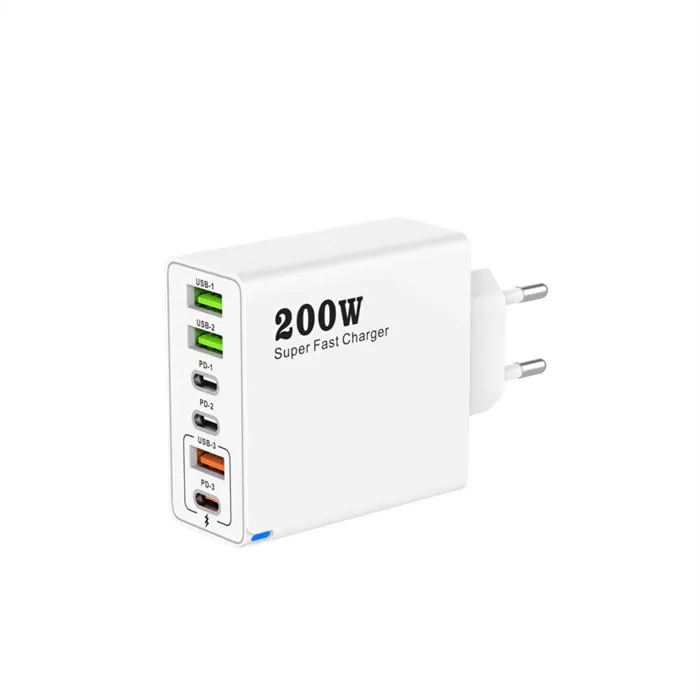 Încărcător mobil 200W, 6 porturi USB, alb