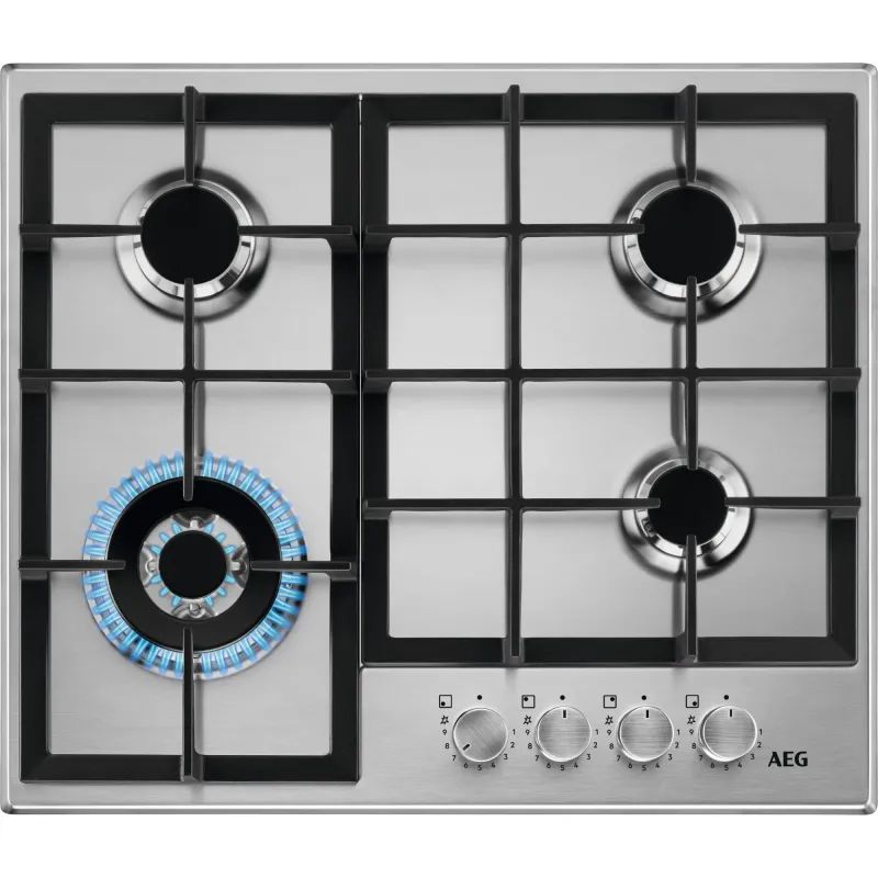 Plita incorporabila AEG HGB64420SM, Gaz, 4 arzatoare, Aprindere electrica, Gratar fonta, 60 cm, Inox