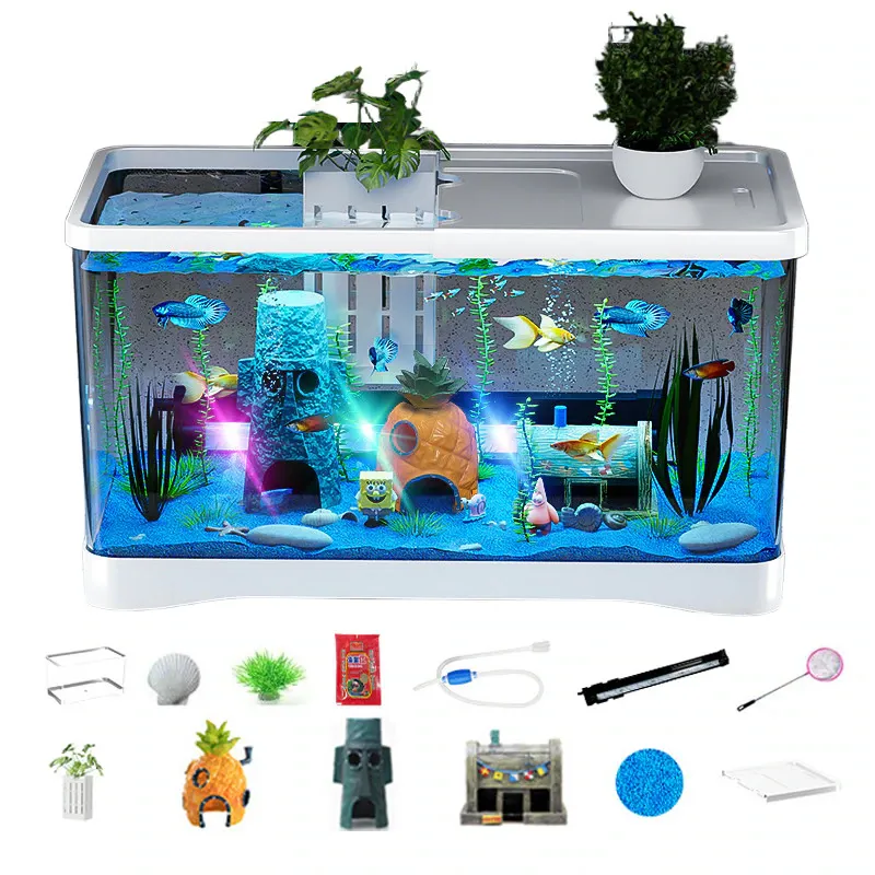 Acvariu desktop Golxmse, cu lumina LED colorata, 10 accesorii, 30.5x18.5x18.5cm, alb