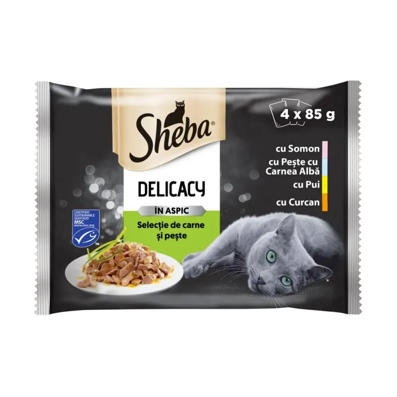 Hrana umeda pentru pisici adulte Sheba Delikatesse, selectie de carne si peste in aspic, 4 x 85 g