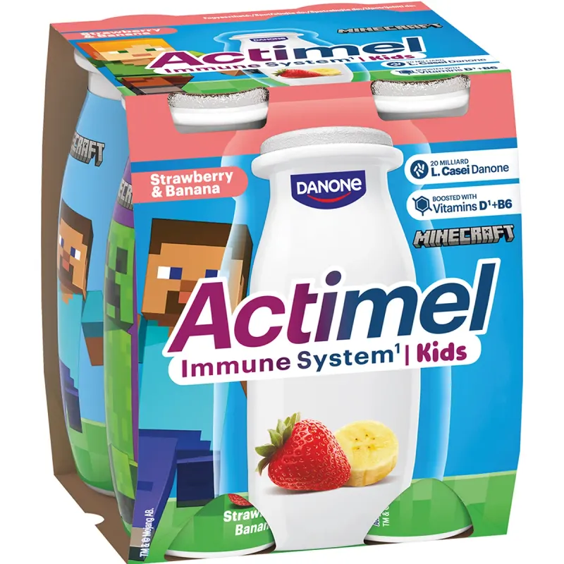 Iaurt de baut Actimel Actikids, cu aroma de capsuni si banane, 4 x 100 g