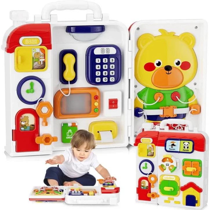 Panou cu Activitati Montessori BusyBoard, MOSMAOO®, Jucarie Educativa Senzoriala, Tabla cu 20+ Activitati, Jucarie Muzicala, Lampa LED, 1-3 Ani