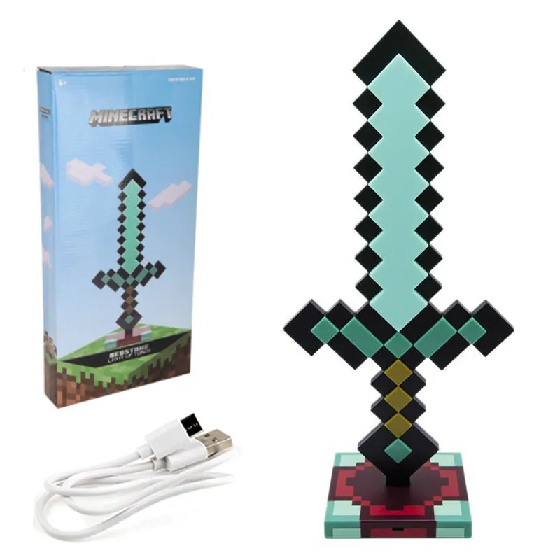 Lampa Sabie Diamantata Tip Minecraft Fudisenn®, Reincarcabila USB, Lanterna LED Pixel Art, Lumina de Veghe RGB 4 Culori, Jucarie Interactiva Copii, Decor Camera Gaming, Fara Baterii, Cadou Baieti, 39cm