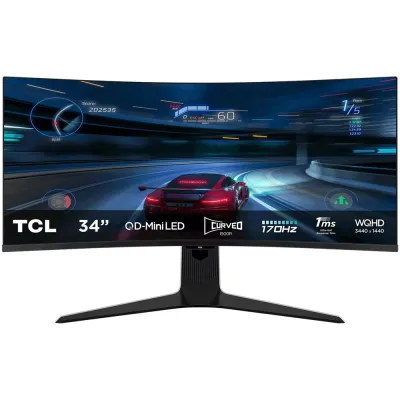 Monitor curbat Mini LED Fast HVA TCL 34R83Q, 34", WQHD, 170Hz, FreeSync Premium, HDR, boxe, alb-negru