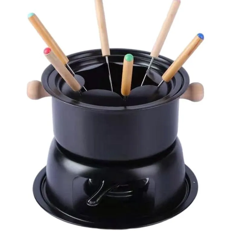 Set fondue negru fonta emailata, XGETOP® Banquet Ceramica, 9piese, 22x17cm, Hot Pot Incalzire Self-Service Hot Pot pentru ciocolata Ice Cream Branza