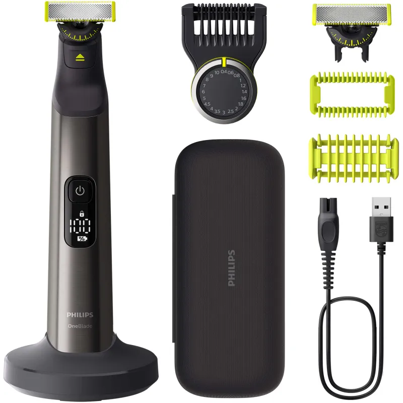 Aparat de ras (0,2mm) si tuns (0,4-10mm) PHILIPS OneBlade Pro QP6652/61, Fata&corp, pieptene cu 20 de setări de lungime (0,4-10 mm), 2 accesorii pentru corp, 2 lame 360, 120 min (Li-ion), trusa, cablu alimentare USB-A, fara adaptor priza