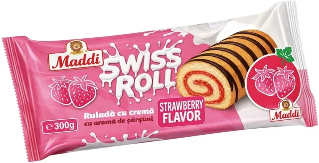 Rulada cu crema cu aroma de capsuni Maddi Swiss Roll, 300 g